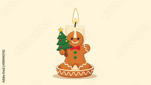 Adorable gingerbread man character holding a small Christmas tree shaped like a candle with a flickering flame on its head.