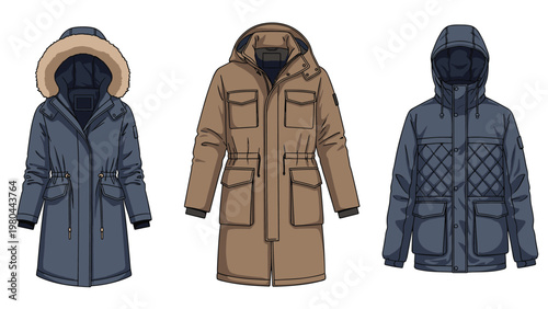 Set of three stylish winter parkas and jackets in navy blue and brown colors designed for cold weather protection and comfort.