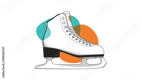 Elegant white figure ice skate with steel blade set against a background of colorful abstract blue and orange organic shapes.