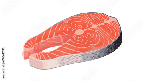 High quality illustration of a raw salmon fish steak showing fresh pink meat texture and silver skin isolated on white.