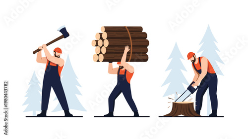 Set of three strong lumberjacks performing different tasks like chopping wood, carrying logs, and using a saw in the forest.