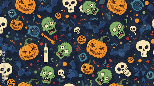 Seamless Halloween pattern background featuring various spooky characters like green zombies, orange pumpkins, skulls, and bats.