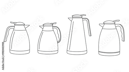 Technical line drawing showcases four distinct types of insulated carafes and thermal jugs designed for hot or cold beverages.