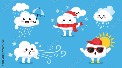 Collection of cute personified clouds illustrates various weather conditions including rain, snow, wind, and sunny skies.