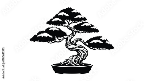 Traditional Japanese bonsai tree is depicted in a detailed black and white silhouette showcasing its twisted trunk and branches.