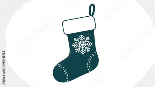 Classic dark green Christmas stocking with a white cuff and a large snowflake embroidery is ready for holiday gift giving.
