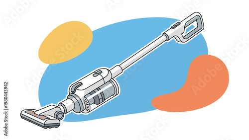 Modern cordless stick vacuum cleaner is shown in a technical illustration with colorful abstract shapes in the background.