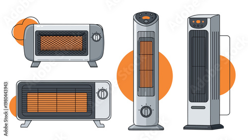 Variety of four electric space heaters including portable and tower models are arranged for comparison in this illustration.