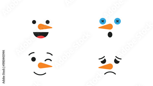 Array of four snowman faces showcases different expressions from happy and surprised to winking and sad for seasonal projects.