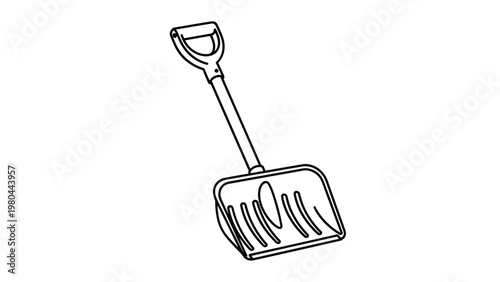 Durable metal snow shovel with a sturdy handle is depicted in a clean black and white line drawing for winter maintenance.