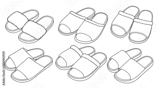 Six pairs of different indoor slippers are illustrated in a line drawing style featuring various textures and designs for comfort.