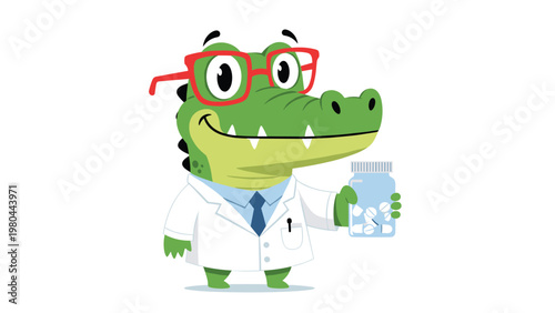Friendly cartoon crocodile doctor wearing a white coat and glasses holds a bottle of pills to promote health and medicine.