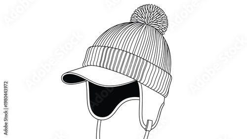 Detailed line drawing of a winter hat features a warm pom-pom on top along with a visor and ear flaps for maximum protection.