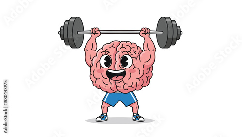 Energetic cartoon brain with strong muscular arms is successfully lifting a heavy barbell in a gym setting to symbolize mental power.