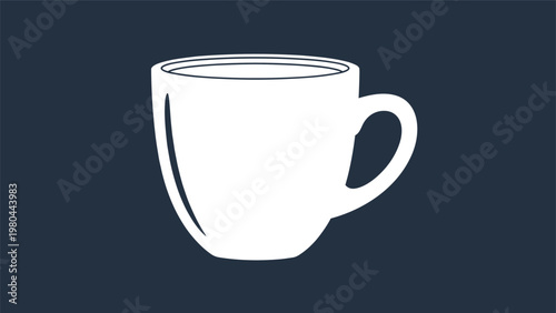 Minimalist white silhouette of a coffee mug with a handle is centered on a solid dark blue background for a clean graphic look.
