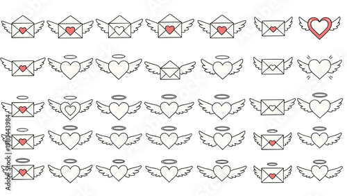 Extensive grid of delicate icons features hearts and envelopes embellished with angel wings and halos for romantic messages.