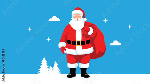 Jolly Santa Claus stands in a snowy winter scene with a large red sack full of presents for Christmas delivery under a blue sky.