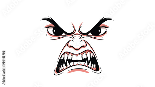 Close up of an extremely angry face shows fierce eyes and sharp fangs in a menacing expression of rage and aggression.