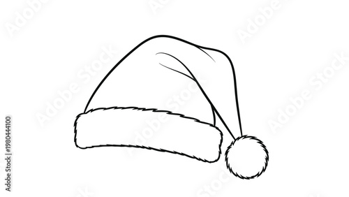 Simple black and white line drawing of a traditional Santa Claus hat with a fluffy trim and pompom for festive holiday coloring.