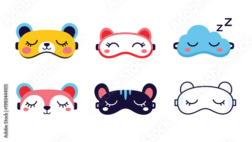 Collection of six different animal themed sleep masks for eyes featuring bears, cats, tigers, and clouds in various colors.