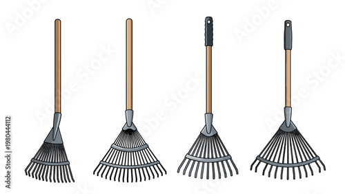 Set of four different types of garden leaf rakes with wooden and plastic handles for professional yard maintenance in autumn.