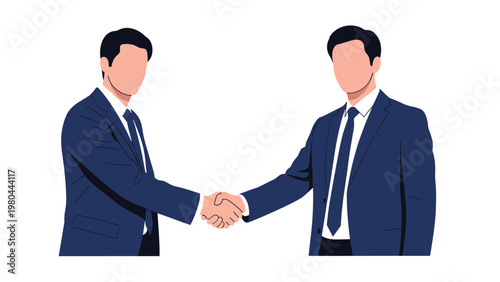 Two successful businessmen in formal suits shaking hands firmly to seal a professional deal or corporate agreement against white.