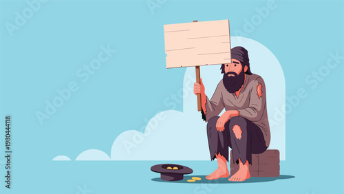 Poor homeless man with a beard sitting on a box and holding a blank cardboard sign while begging for help on a blue background.