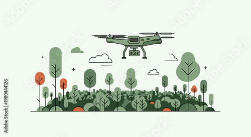 Modern drone surveying a stylized green forest for reforestation