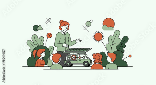 Teacher showing children solar powered car model for science education