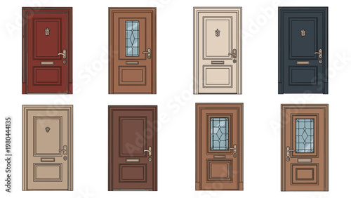 Variety of eight different front door designs in various colors and styles including wooden, glass, and modern options.
