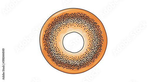 Freshly baked golden brown bagel covered with black poppy seeds and shown from a top down perspective on a white background.