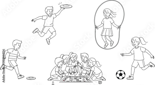 Energetic children engaging in various outdoor physical activities and indoor board games together in this simple black and white illustration