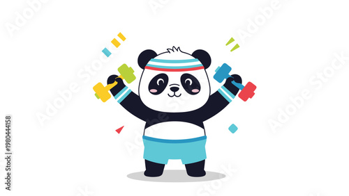 Cute cartoon panda character wearing a headband and shorts while lifting colorful dumbbells for a fun fitness workout.