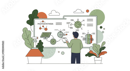 Scientist studying renewable energy and photosynthesis on a whiteboard