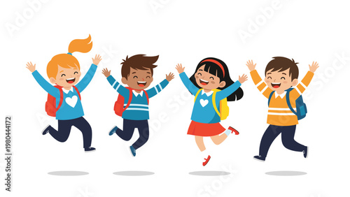 Group of diverse happy school children jumping for joy with backpacks celebrating the start of a new academic year.