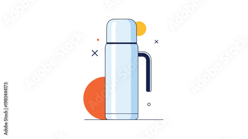 Sleek light blue insulated thermos bottle with a handle and lid used for keeping liquids at the desired temperature.