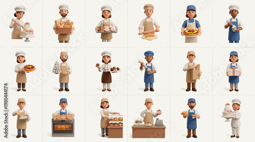 Baker and food seller characters collection with chefs, market vendors and shop staff, flat vector profession set isolated on white background