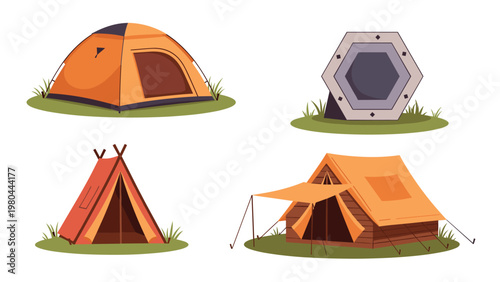 Set of four different camping tent designs including a dome tent, a teepee, a hexagonal tent, and a cabin tent placed on green grass.
