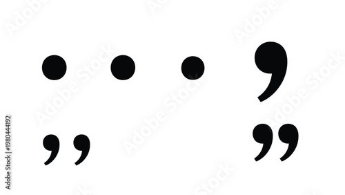 Collection of basic punctuation marks including dots, commas, and quotation marks displayed in a simple black and white graphic layout.