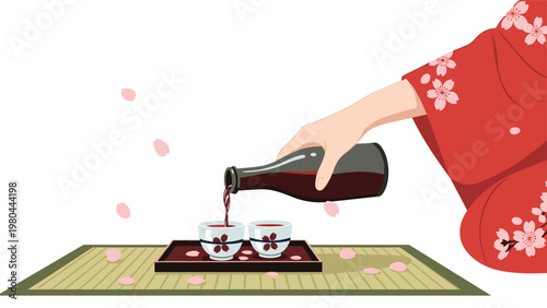 Hand in a red kimono pouring traditional Japanese sake from a bottle into small cups with delicate cherry blossom petals falling around.