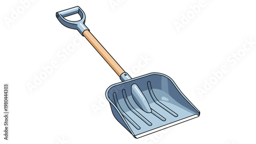 Sturdy snow shovel with a blue plastic blade and a wooden handle designed for clearing driveways and sidewalks during the winter season.