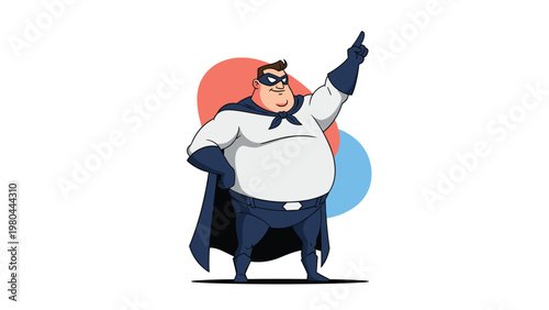 Strong superhero character with a large build wearing a blue mask and cape pointing upwards against a colorful abstract background.