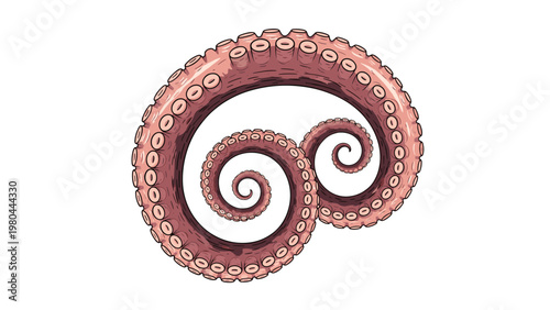Artistic illustration of curled pink octopus tentacles with detailed suction cups forming a double spiral on a white background.
