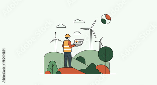 Engineer monitoring wind farm performance on a laptop outdoors