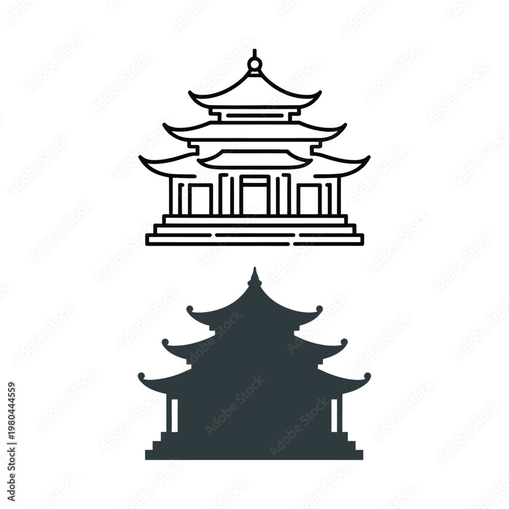 Fototapeta premium Pagoda temple icons in simple line and solid styles, traditional architecture symbol for tourism branding, meditation centers, cultural projects