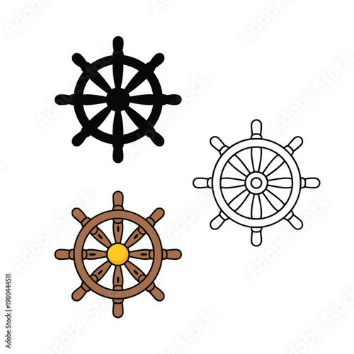 Dharmachakra wheel symbols with eight spokes, spiritual guidance icon for Buddhist teachings, temple decor, meditation course materials, retreat branding