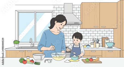 Happy mother and her young son joyfully preparing and mixing ingredients together for a meal in their modern kitchen at home.