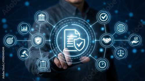 A businessman's hand points to a luminous holographic document icon, symbolizing secure legal agreements and regulatory compliance within a global digital framework.