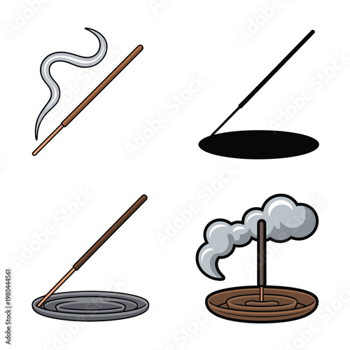 Incense stick and burner icons with aromatic smoke curls, ritual fragrance for temple ceremonies, meditation rooms, spa relaxation branding