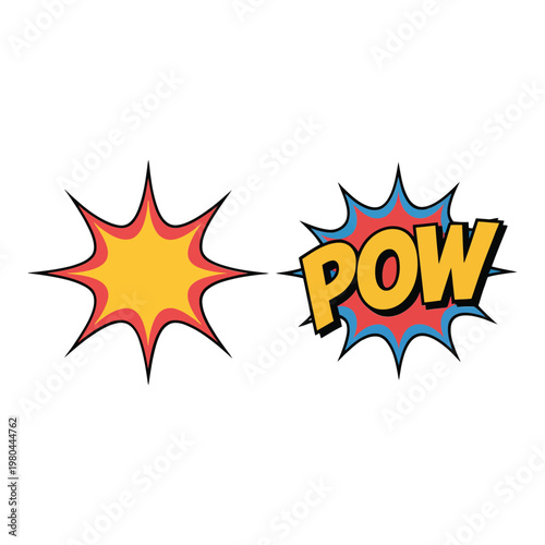 Comic explosion burst icons, pow sound effect, retro pop art style, superhero poster, kids birthday party, dynamic vector illustration elements